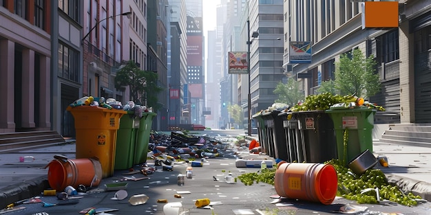 Trash cans polluting a street in the city background Ai Generated