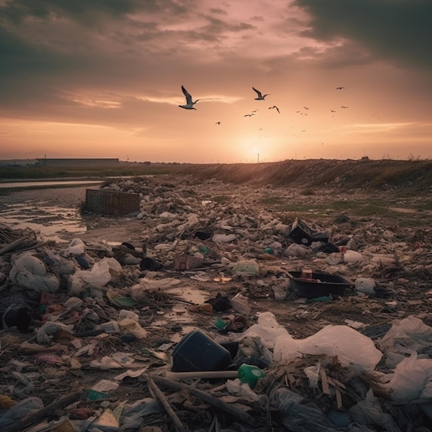 A trash dump with birds flying over it