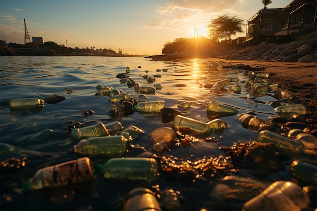 Trash ridden beachscape plastic bottles accentuating the impact of coastal pollution