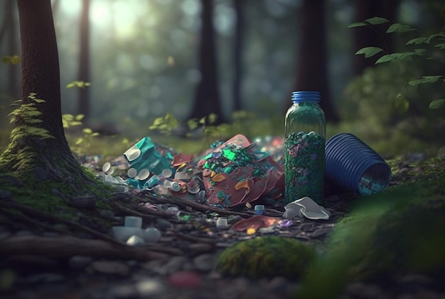 Trash strewn forestpollution concept generative ai