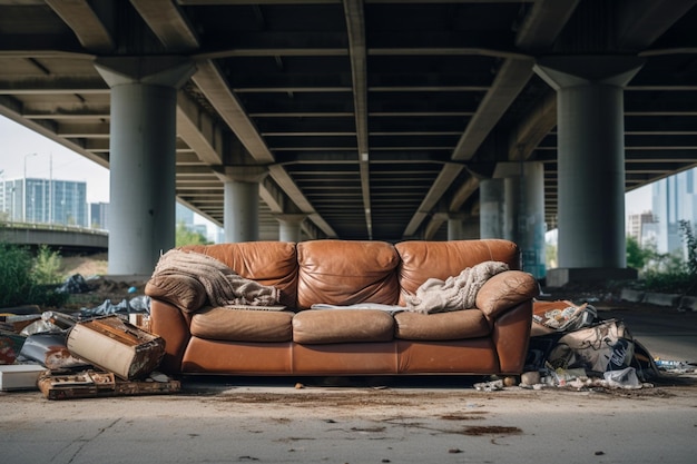 Trashed sofa under overpass design architecture aesthetic look