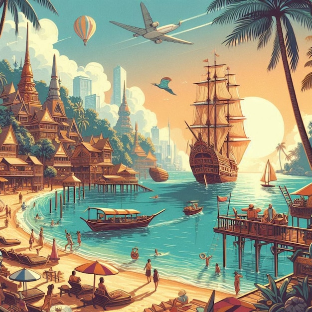 Travel art beach scenes adventure illustration and exotic location