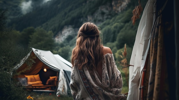 Travel back see Young lady voyages through the mountains glamping tentswaterfalls of wild nature AI Generated