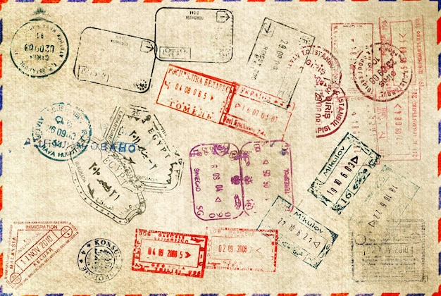 Travel background with different passport stamps