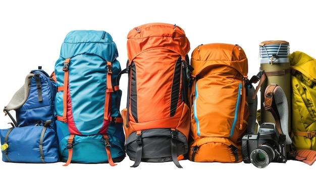 Travel Backpacks and Gear Collection on white background