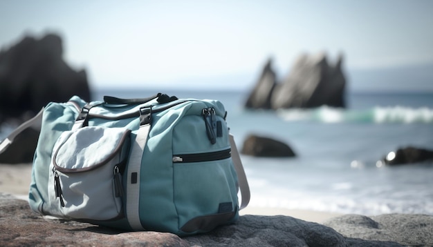 Travel bag in front of a sea beach