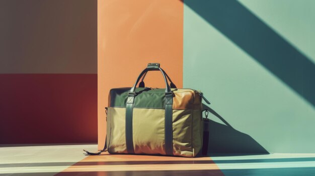 Photo a travel bag is positioned against a vibrant geometric backdrop featuring bold colors and sharp shadows it captures a modern and artistic vibe in daylight