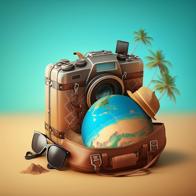 Photo a travel bag with a globe and a bag of travel around it