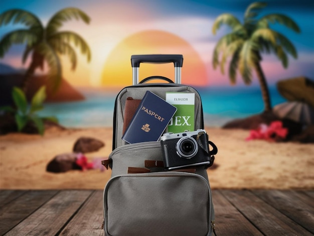 a travel bag with a passport and a palm tree on the beach