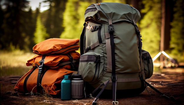 Travel bags in front of a camping tent hiking gear Generate Ai