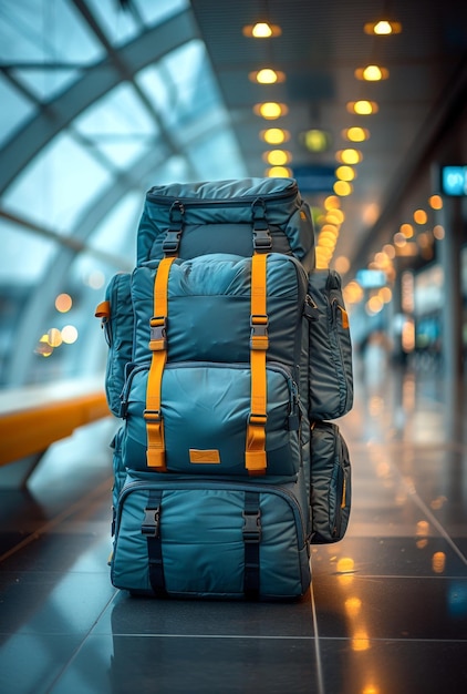 Travel bags or luggage with orange straps and blue and gray colors on the floor in the airport