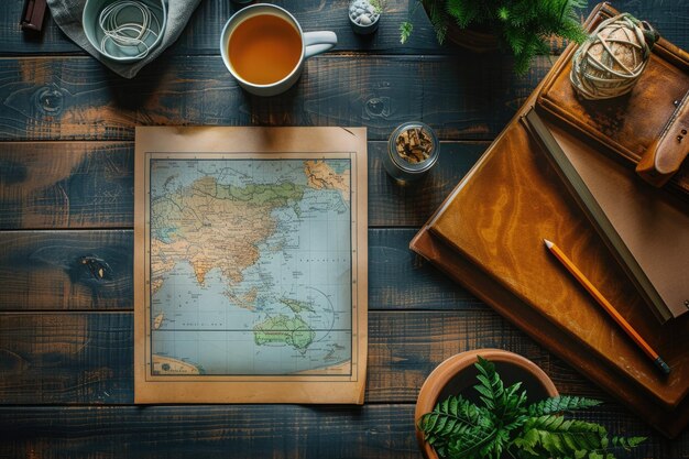 Photo travel blogger planning next trip with world map on rustic wooden desk