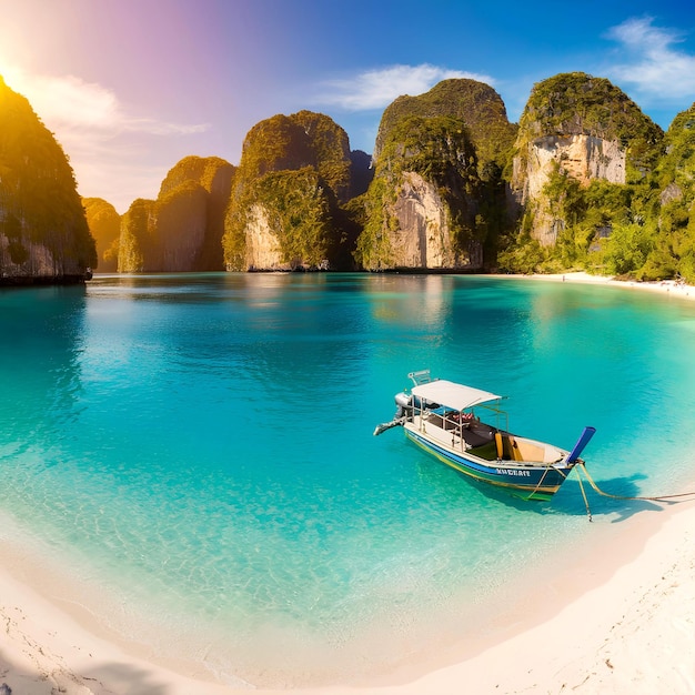 Travel boat on Thailand island beach Tropical coast Asia landscape background