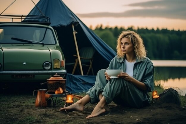 Travel by car girl tourist sits on a tree stump with a cup of tea and a car with a tent in the back