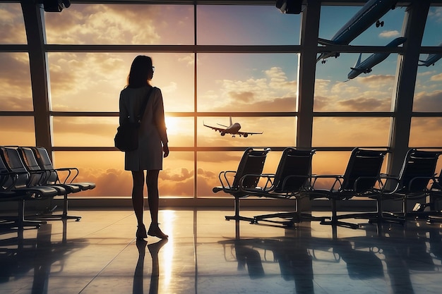 travel by plane woman passenger waiting in airport silhouette of passenger watching aircraft