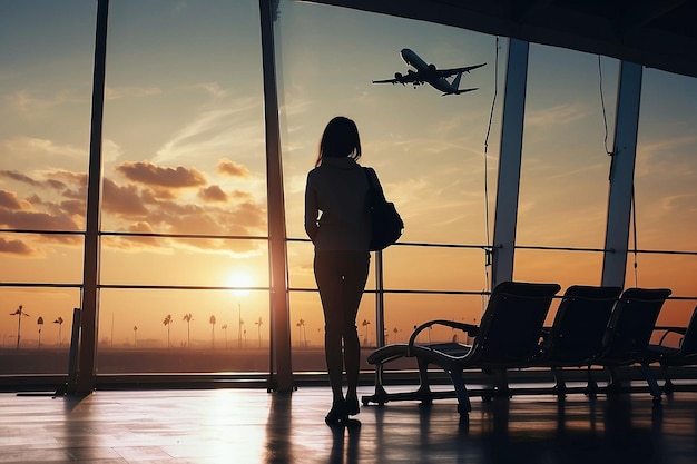 travel by plane woman passenger waiting in airport silhouette of passenger watching aircraft