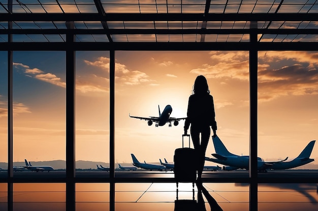 travel by plane woman passenger waiting in airport silhouette of passenger watching aircraft