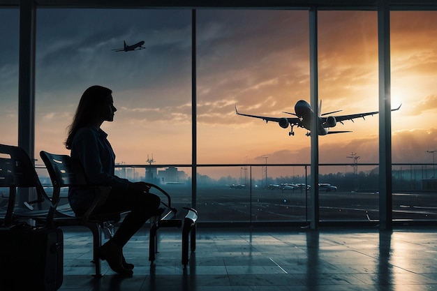 travel by plane woman passenger waiting in airport silhouette of passenger watching aircraft