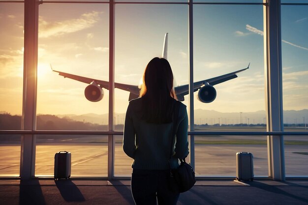 travel by plane woman passenger waiting in airport silhouette of passenger watching aircraft