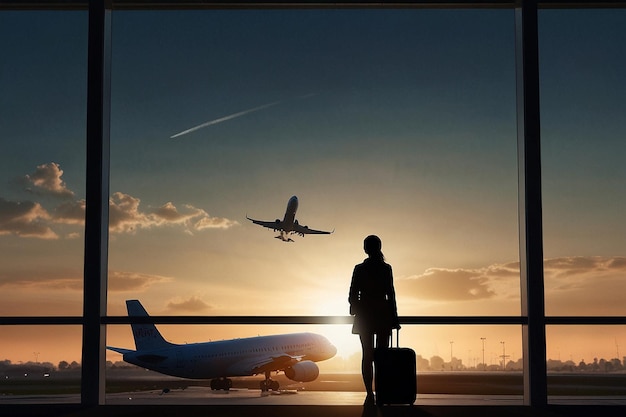 Photo travel by plane woman passenger waiting in airport silhouette of passenger watching aircraft