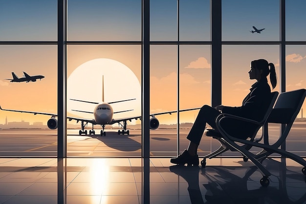 travel by plane woman passenger waiting in airport silhouette of passenger watching aircraft