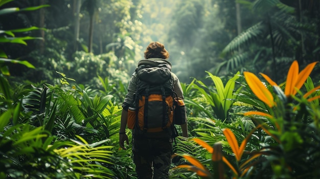 Travel cocept explorer trekking through a jungle