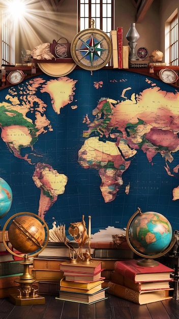 Travel composition with world map and decorative items