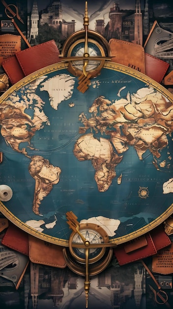 Travel composition with world map and decorative items