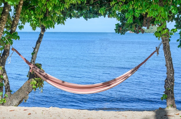 Travel concept: Empty hammock between  trees on tropical beach.