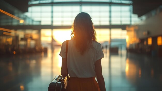 Photo travel concept with back view young tourist woman holding the luggage and looking t generative ai