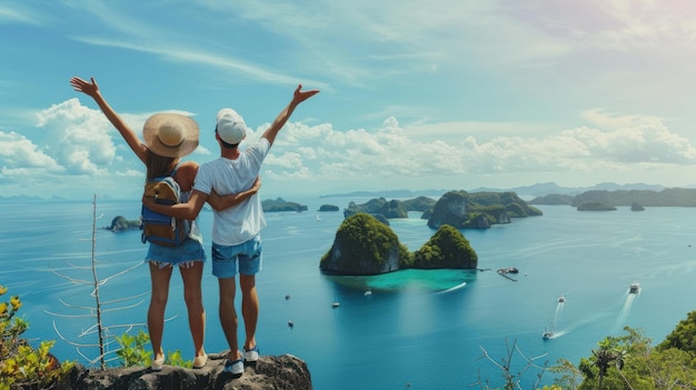 Photo travel concept with happy couple at mountain top with raised arms and islands at background