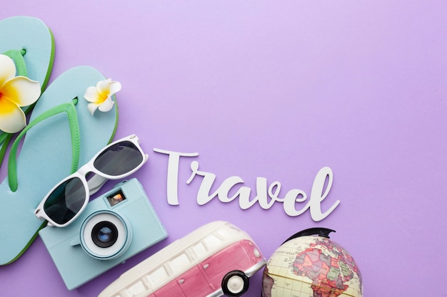 Travel concept with items arrangement top view