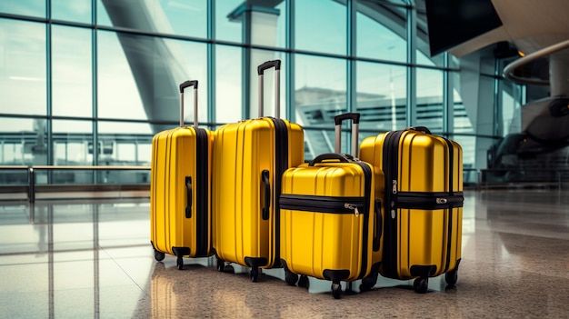 Travel Concept with luggage in Airport Black and Yellow Suitcases in Airport Terminal Generative AI