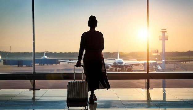 travel concept woman in airport passenger silhouette waiting with luggage in airport