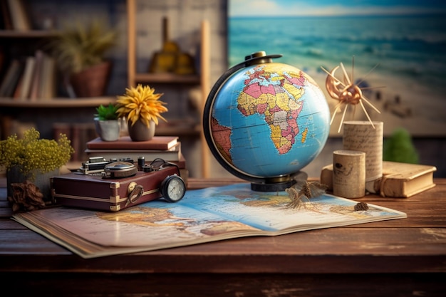 Travel concept on a wooden table as a background for vacation