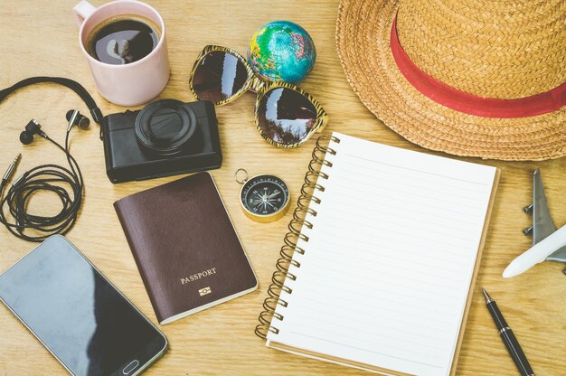 Travel concept on wooden table