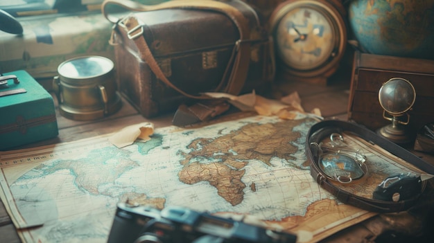 Travel Dreams Wanderlust concept with a world map and vintage travel accessories