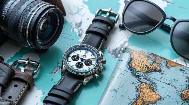 Photo travel gear collection watches sunglasses and a world map