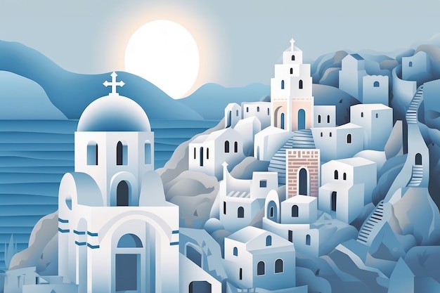 Travel to Greece Concept Travel Poster with Paper Cut Out Beautiful Buildings on the Santorini Island extreme closeup Generative AI