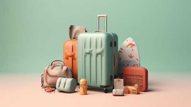 Travel holiday concept professional color suitcase and beach accessories 3d by Generated AI