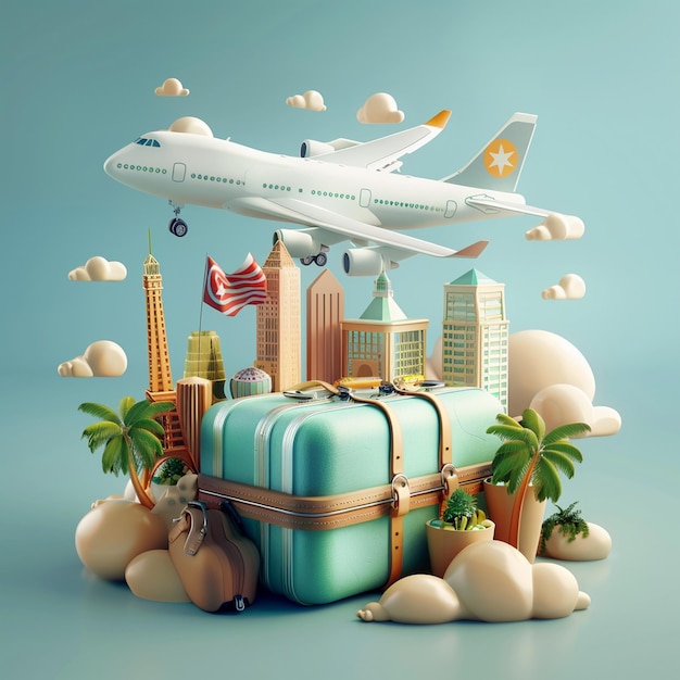 Travel Icon Concept Airplane Flying Over Suitcase in Sky