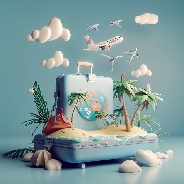 Travel Icon Concept D Suitcase with Tropical Scene