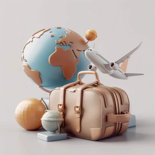 Travel Icon Concept Design with Airplane Suitcase and Globe