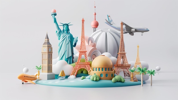 Photo travel icon concept featuring statue of liberty and eiffel tower