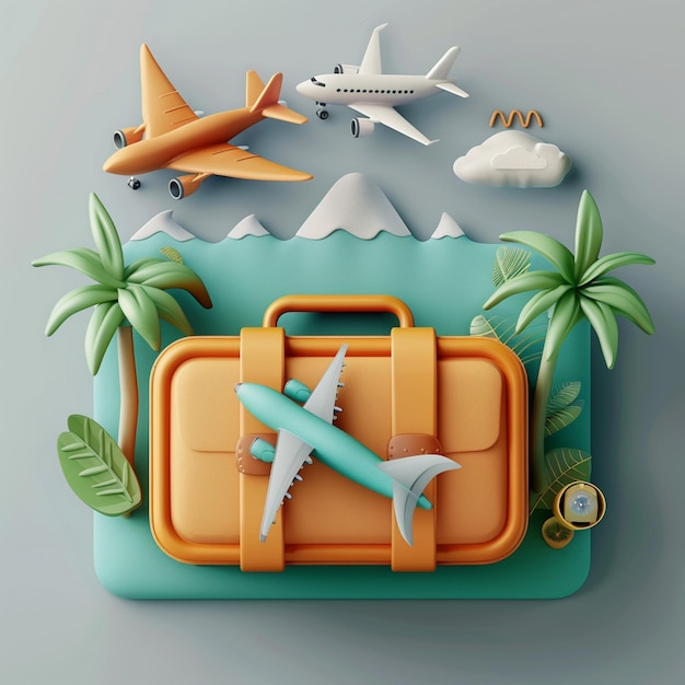 Travel Icon Concept with Suitcase Plane and Palm Trees