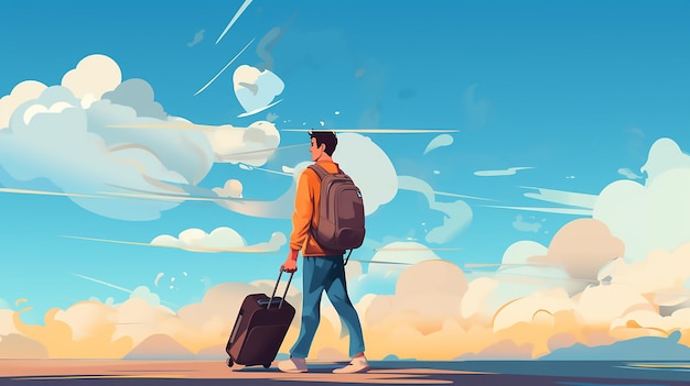 Travel illustration of young man walking with a bag under his arm illustration retirement travel