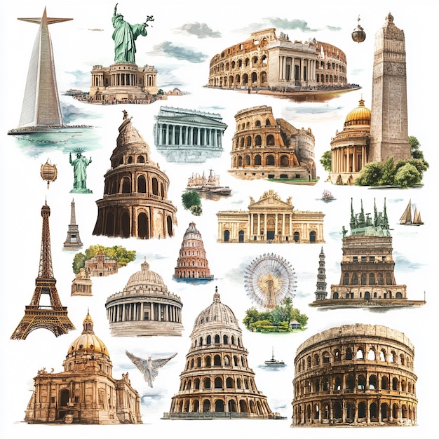 Photo travel inscription collage of famous places of the world element for advertisement postcard poster and more isolated on white v 61 job id 92956034343e47faa03e6c12e56e3c9c