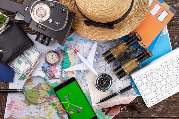 Travel items and accessories on the table.