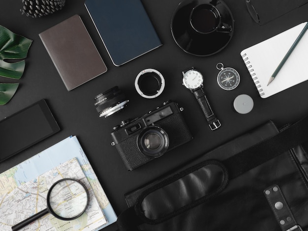 Travel kit on a black background