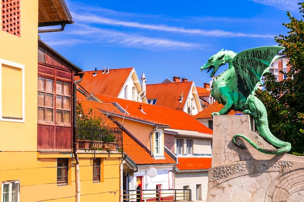 Travel and landmarks of Slovenia Ljubljana with famous Dragons bridge and colorful houses